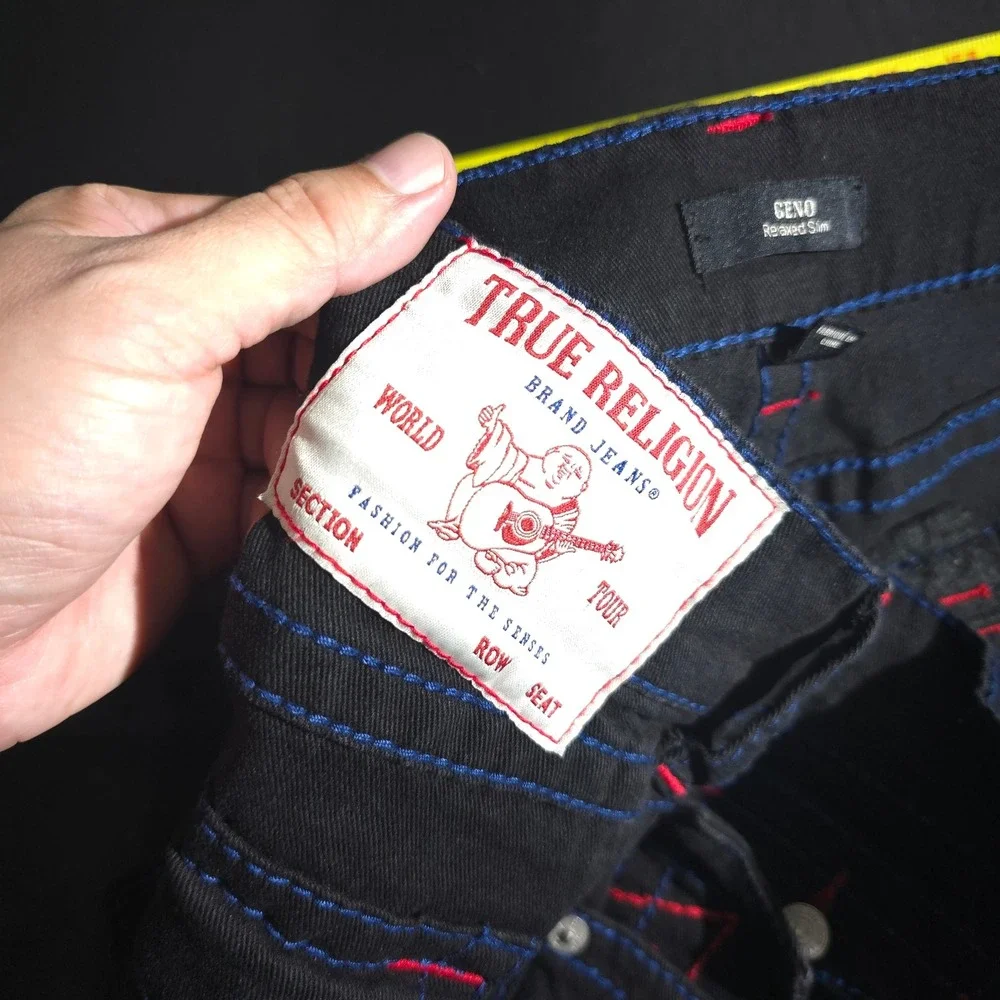True Religion Geno Mens 34 Black Contrast Stitch Relaxed Slim Jeans Streetwear